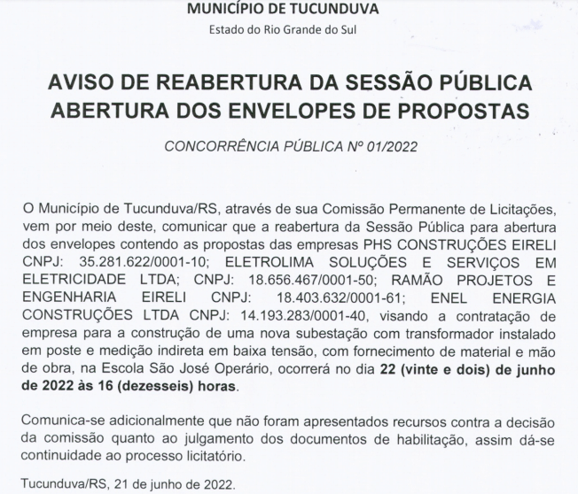 CNC Nº 01_2022 - AVISO DE REABERTURA DA SESSÃO PÚBLICA - ABERTURA DOS ENVELOPES DE PROPOSTAS